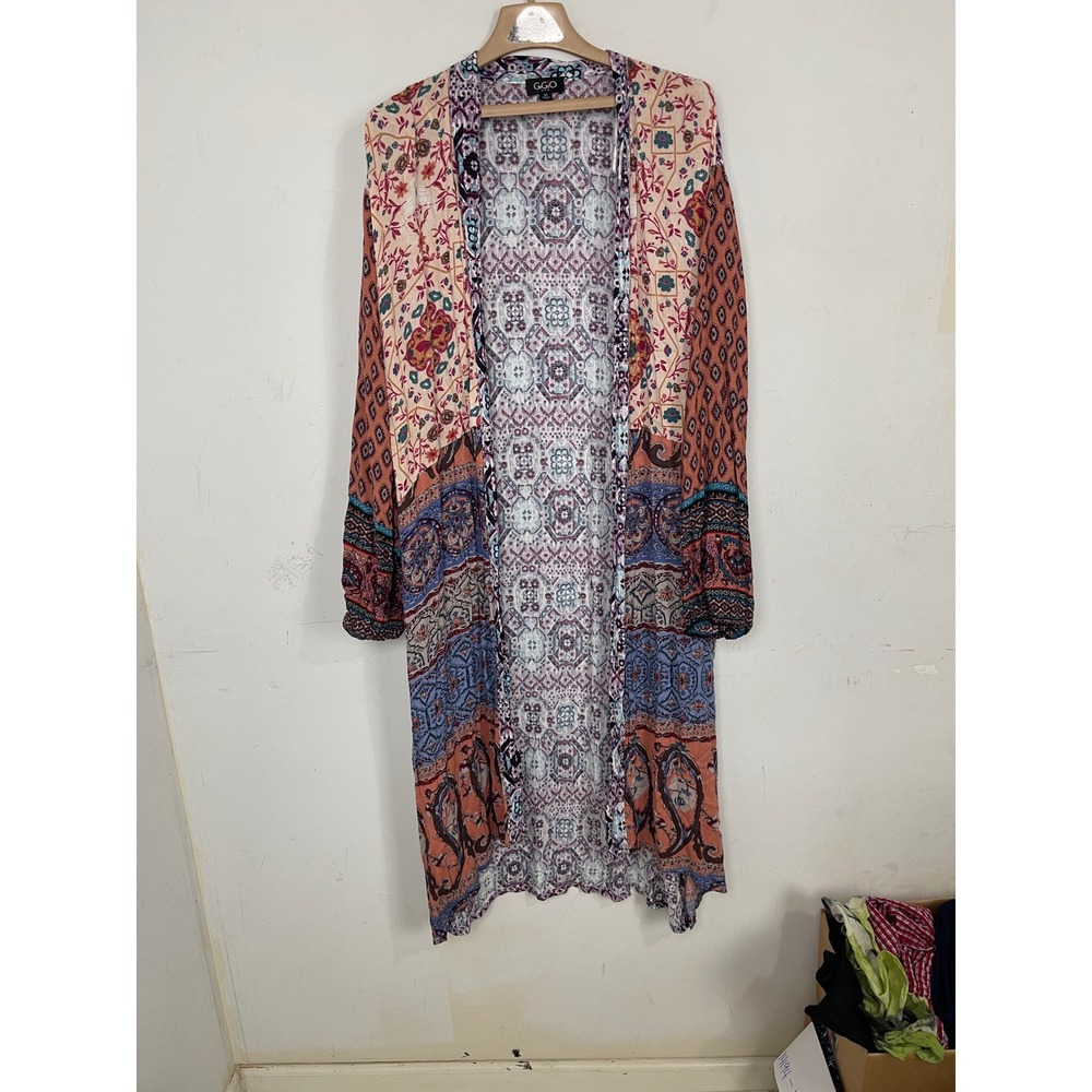 GIGIO USA Women Mixed Patchwork Paisley Print Open Front Duster Cardigan Medium